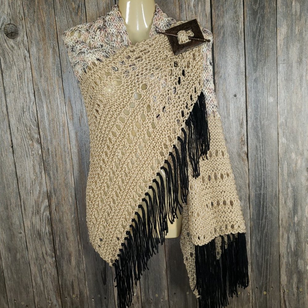 NEW Beige Multi Fleck Hand Knitted Shawl Scarf Wrap Colorblock Boho Hippie Gift